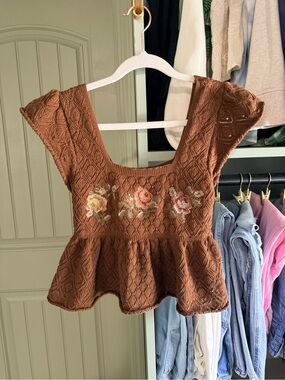 Altar’d State Floral Knit Peplum Crop Top - Brown